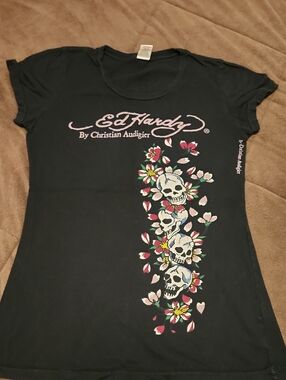 Ed Hardy Black Tee with Pink Logo & Multicolor Skull Floral Print